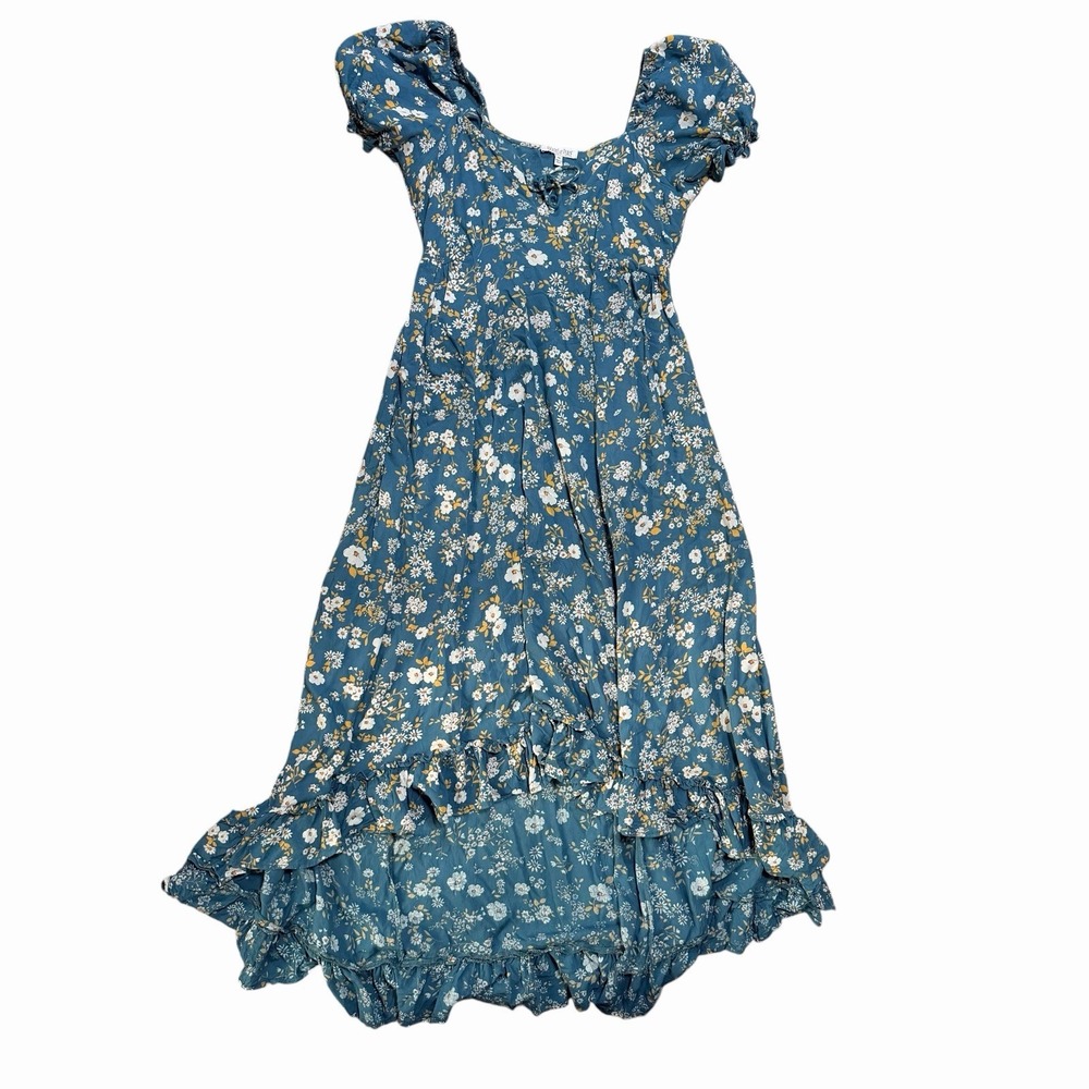 Patrons of Peace Blue Floral Maxi Dress XS Cottagecore Prairie Puff Sleeve Boho